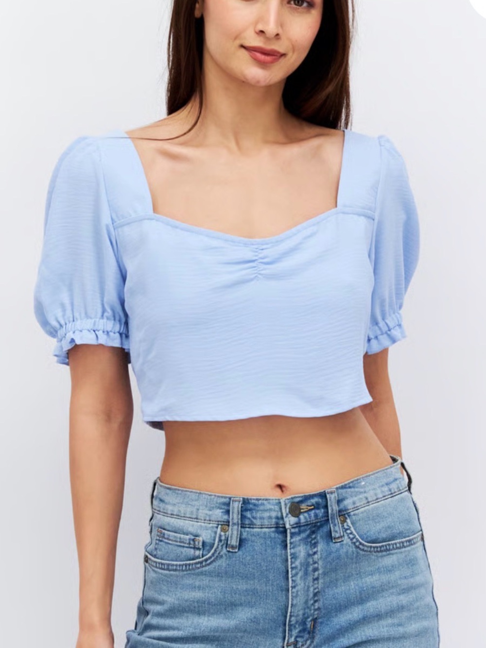 And Now This Square Neck Puff Sleeve Crop Top - Light Blue Large